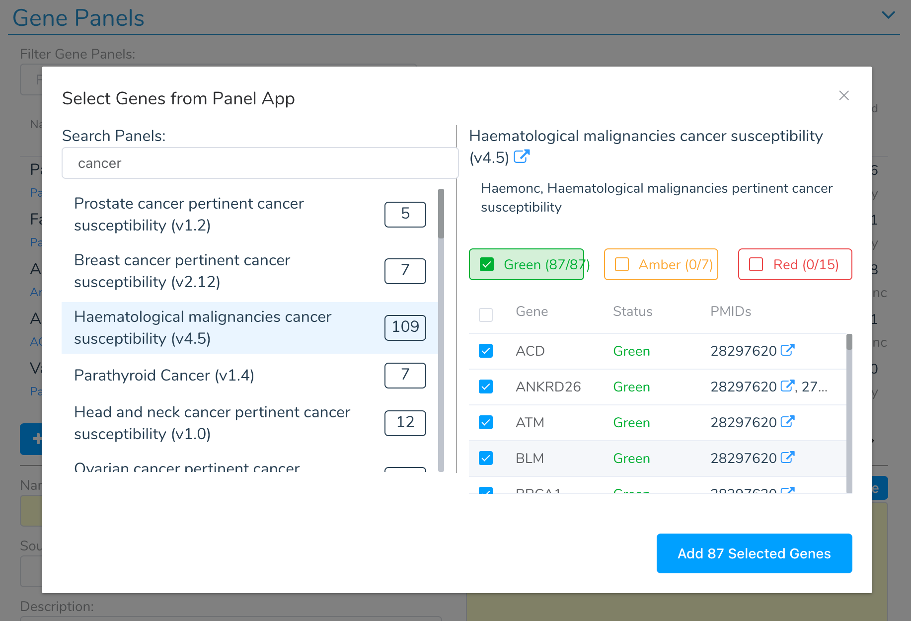 Selecting a cancer gene panel in VarSeq