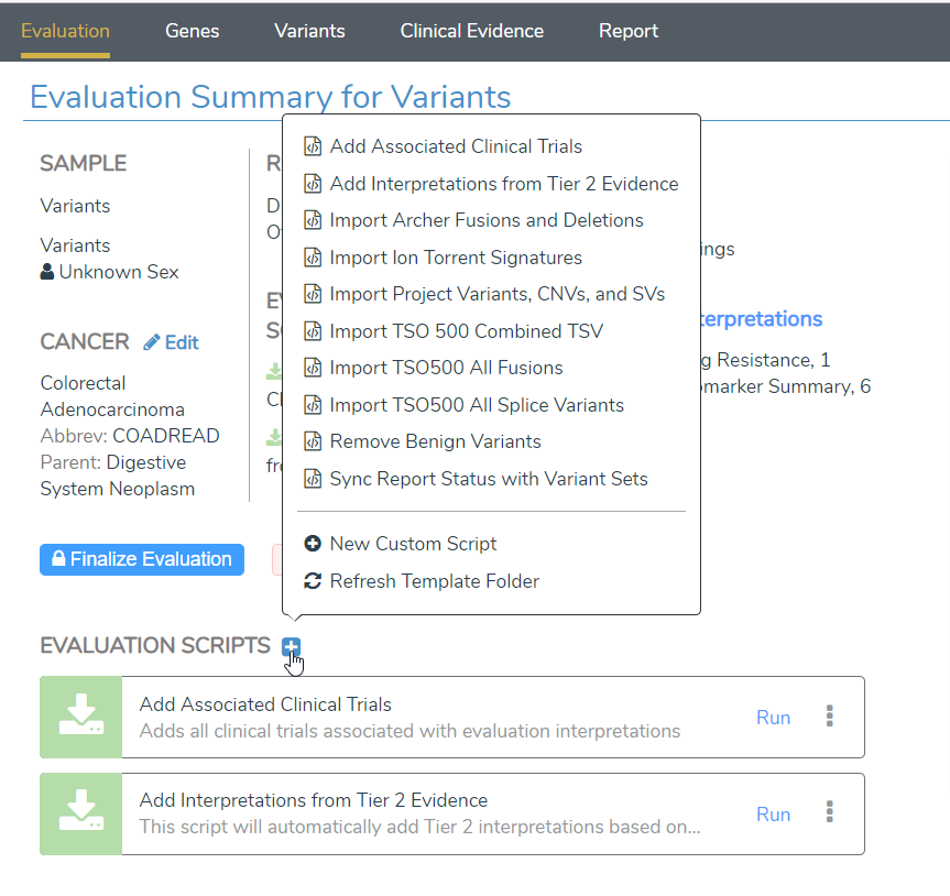 Evaluation script add options with Add Associated Clinical Trials and Add Interpretations from Tier 2 Evidence selected