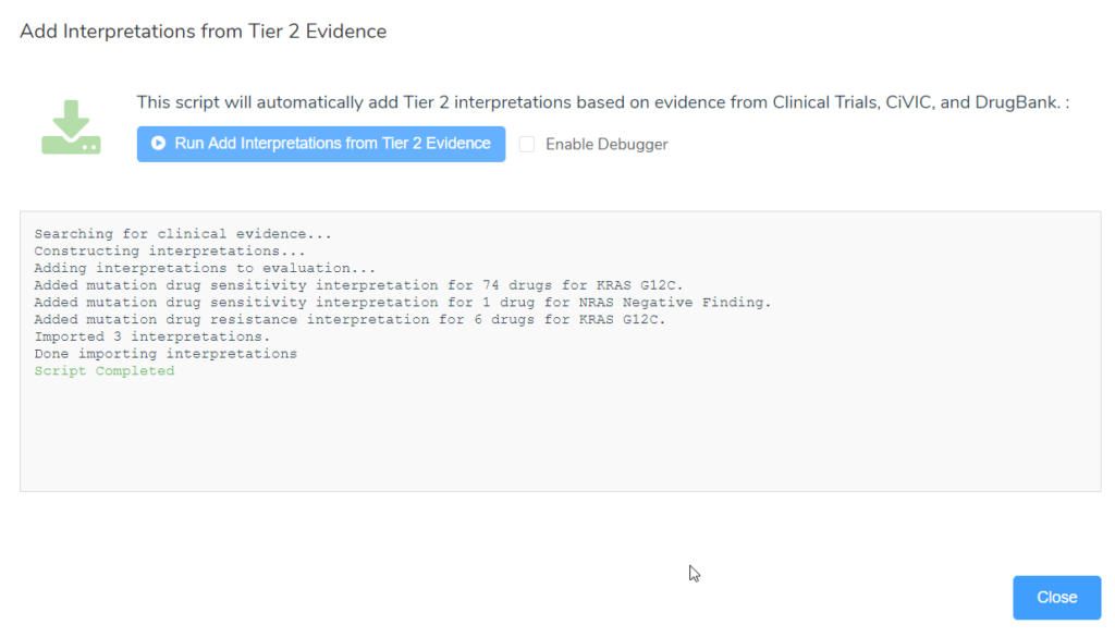 Output of the "Add Interpretations from Tier 2 Evidence" evaluation script for KRAS G12C in colorectal adenocarcinoma