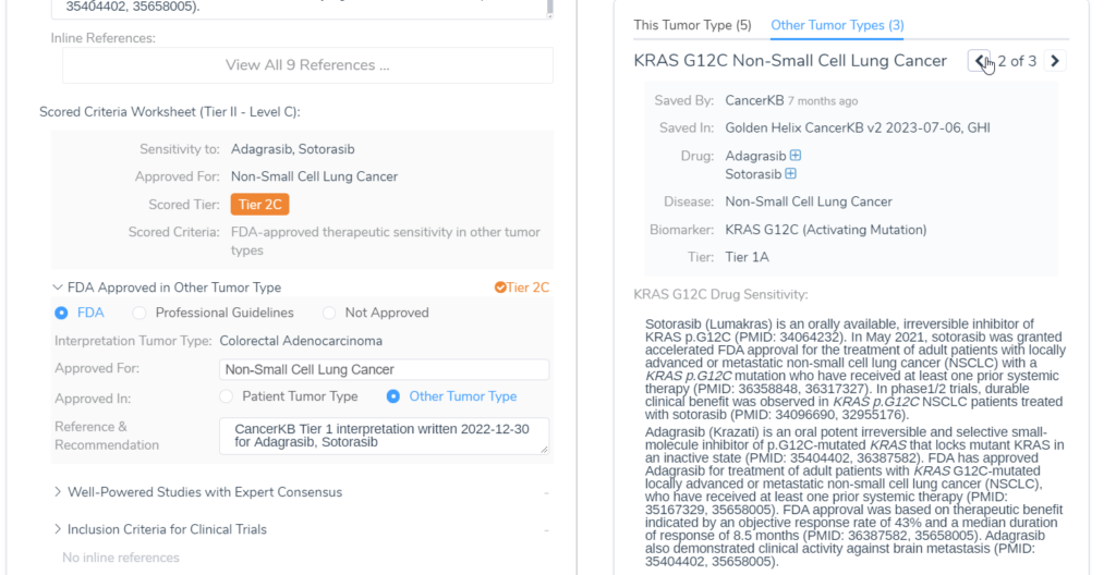 KRAS G12C tier II C interpretation automatically added to a colorectal adenocarcinoma patient evaluation