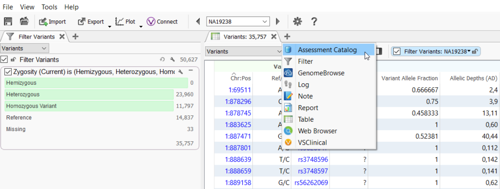 Figure 1: Add Assessment Catalog table to VarSeq