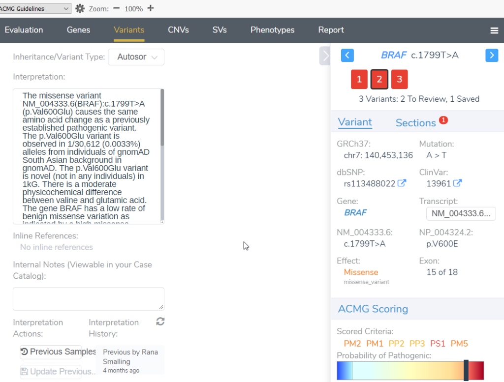 Figure 3. Interpretation and history in VSClinical ACMG.