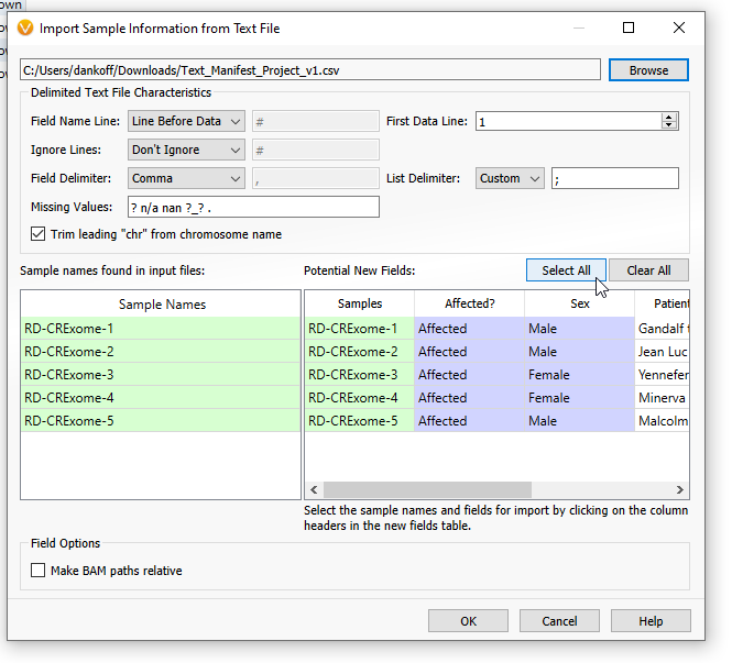 Figure 12: Selecting all fields from the import sample information screen.