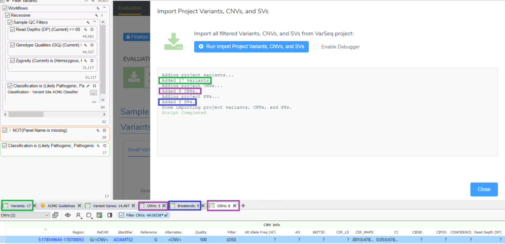 Figure 1: The script adds filtered results from all VarSeq tables including results from two CNV tables