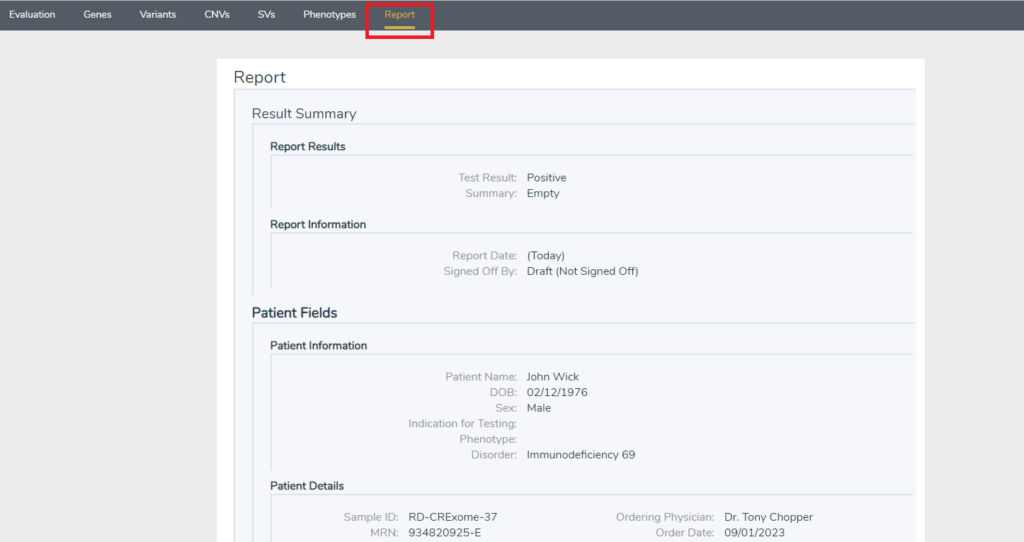 Figure 1: Reporting tab.