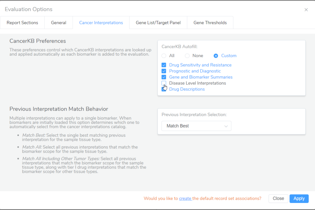 Figure 1: CancerKB customizable autofill options