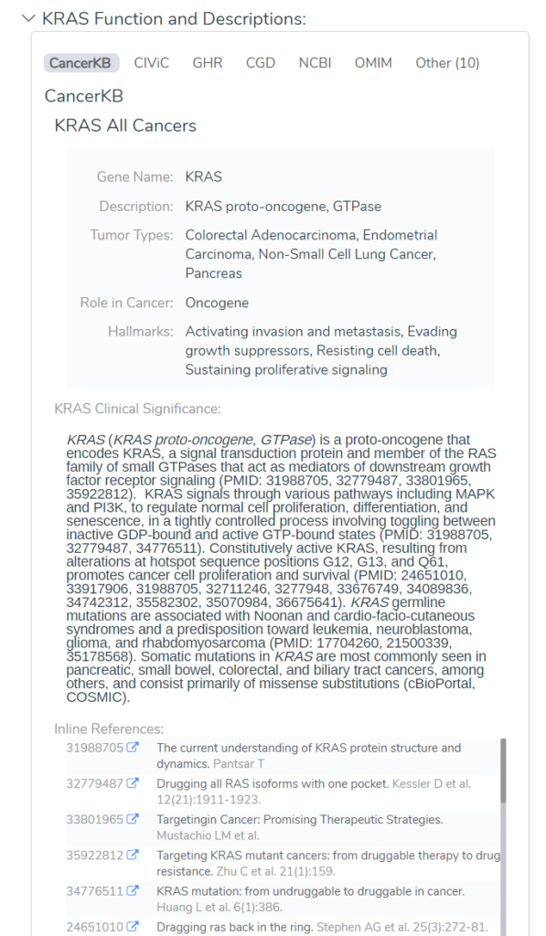 Figure 2: Golden Helix CancerKB Genes data displayed in VSClinical for KRAS