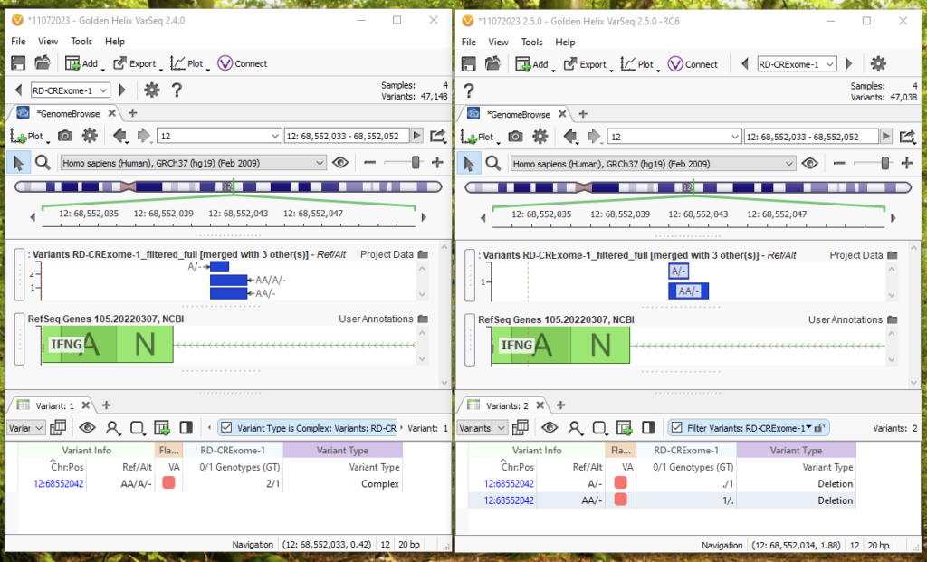 Figure 8: Breaking down a specific multi-allelic call between VarSeq versions.