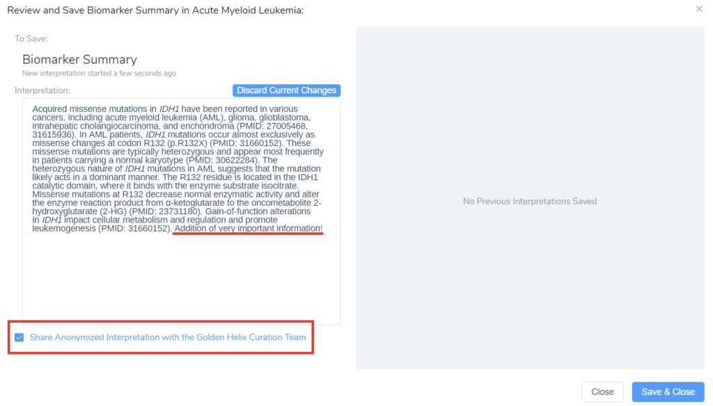 Figure 7B: Sharing interpretations with the Golden Helix CancerKB Team.