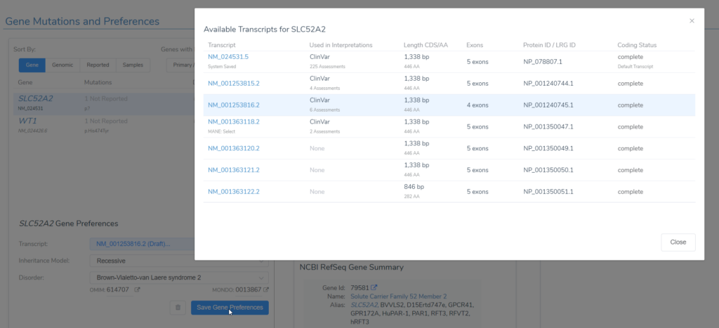 Figure 1. New Gene Mutations and Preferences Management Interface in VSClinical ACMG