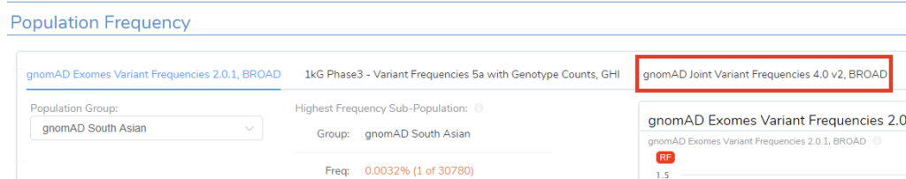 Figure 10: The new gnomAD v4 field under Population Frequency in VSClinical.