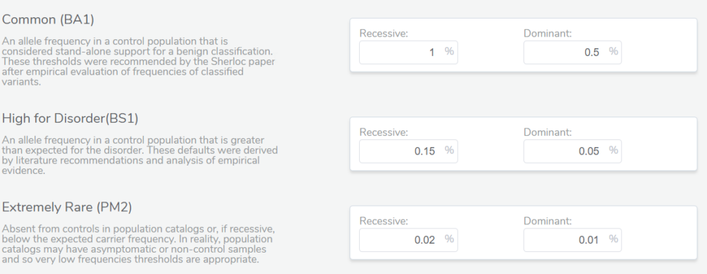 Figure 2. Adjustable population frequency thresholds for ACMG-based classification
