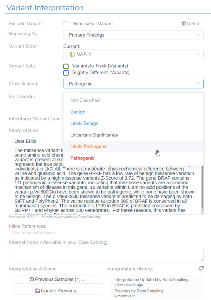 Figure 4. Manually updating the classification of a variant