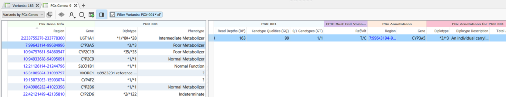 Figure 2: PGx Variant Detection and Recommendation algorithm output in VarSeq