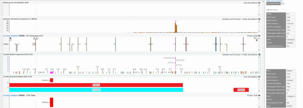 Figure 1: CoLoRS DB visualization within VarSeq including both SNVs and SV annotation