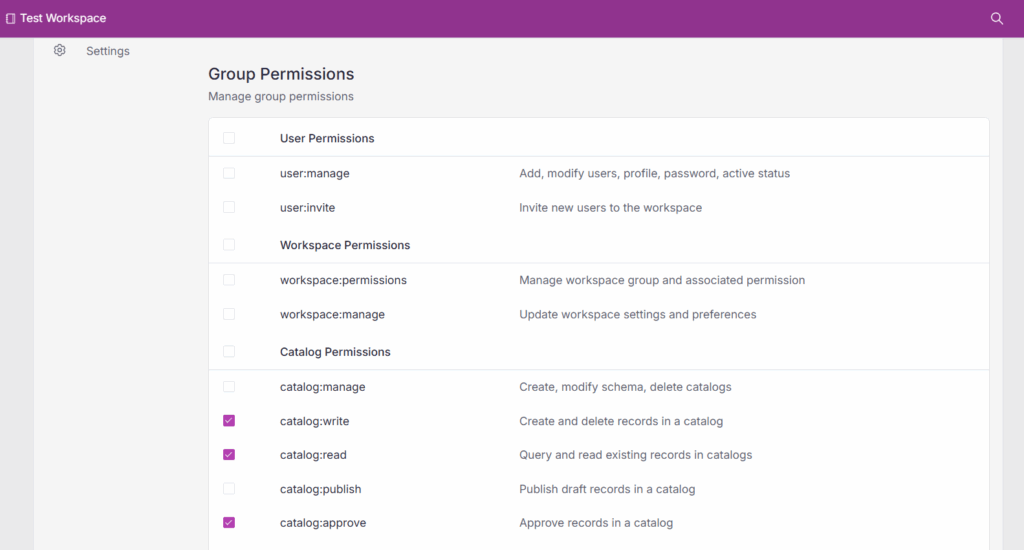 Workspace admins can manage default groups like Admins, Members, and Observers, or define new custom groups such as Reviewers with tailored permissions (Figures 1)