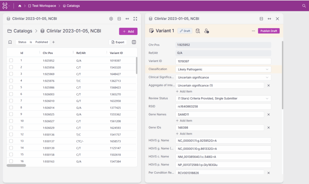 Figure 3: a variant record is shown in the draft state, and its Classification field has been edited