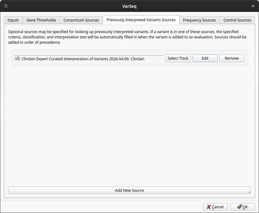 VarSeq Previously Interpreted Variants Sources