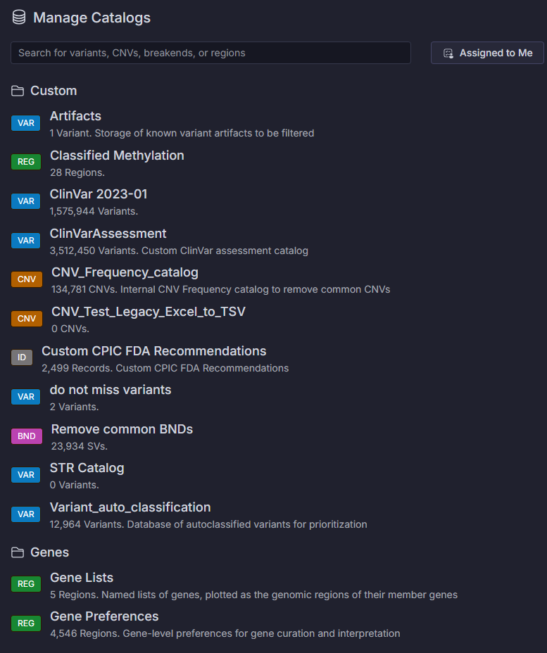 Commonly used catalogs in the VSWarehouse platform.