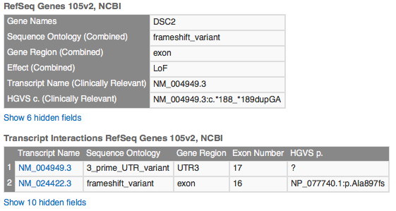 Transcript and ClinVar annotation details