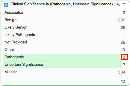 Clinical significance card showing 3 Pathogenic variants