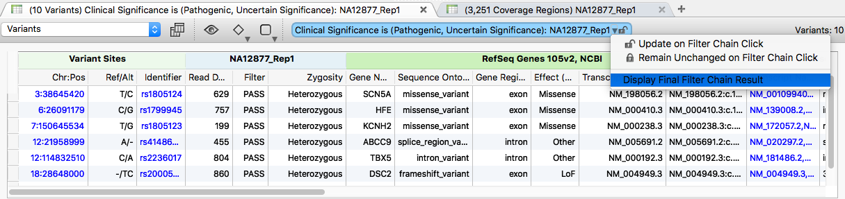Variant table with Display Final Filter Chain Results option