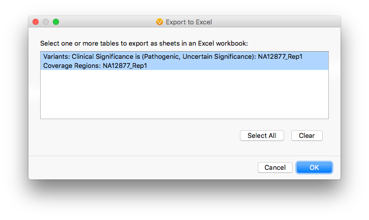 Multi-table XLSX export dialog