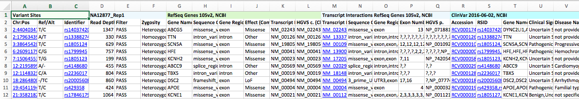 Exported Excel file with hyperlinked variant tables
