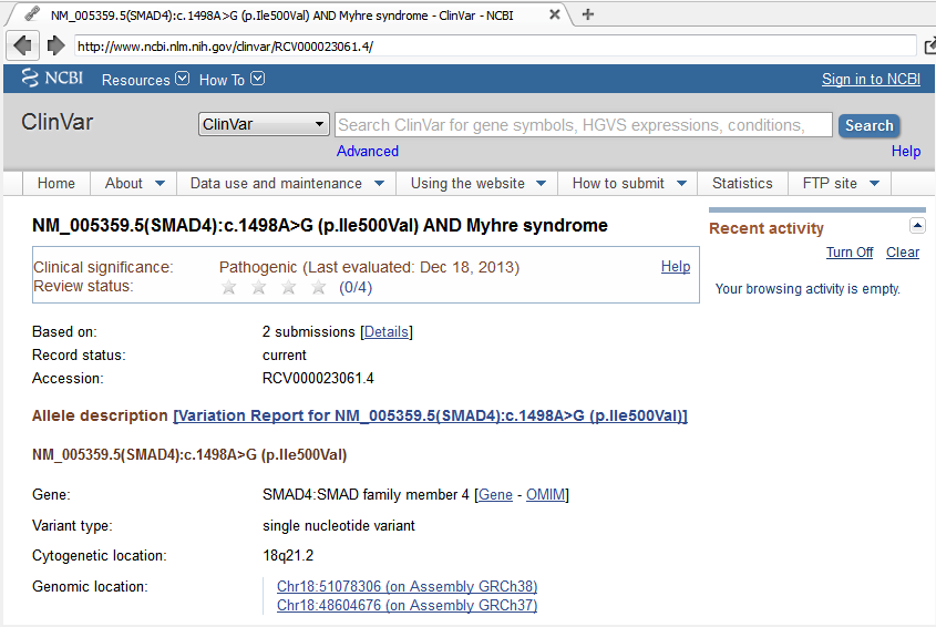 ClinVar record for the de novo candidate variant