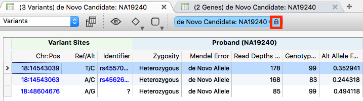 Locking the de novo variant table view before export