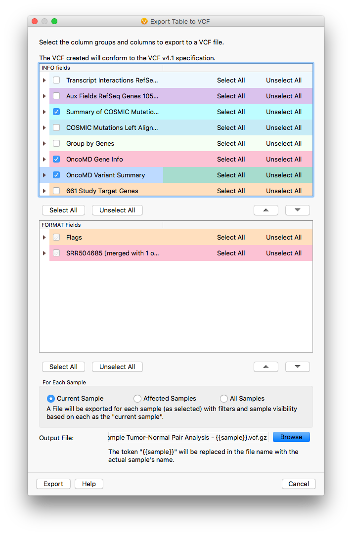 Field selection dialog for VCF export