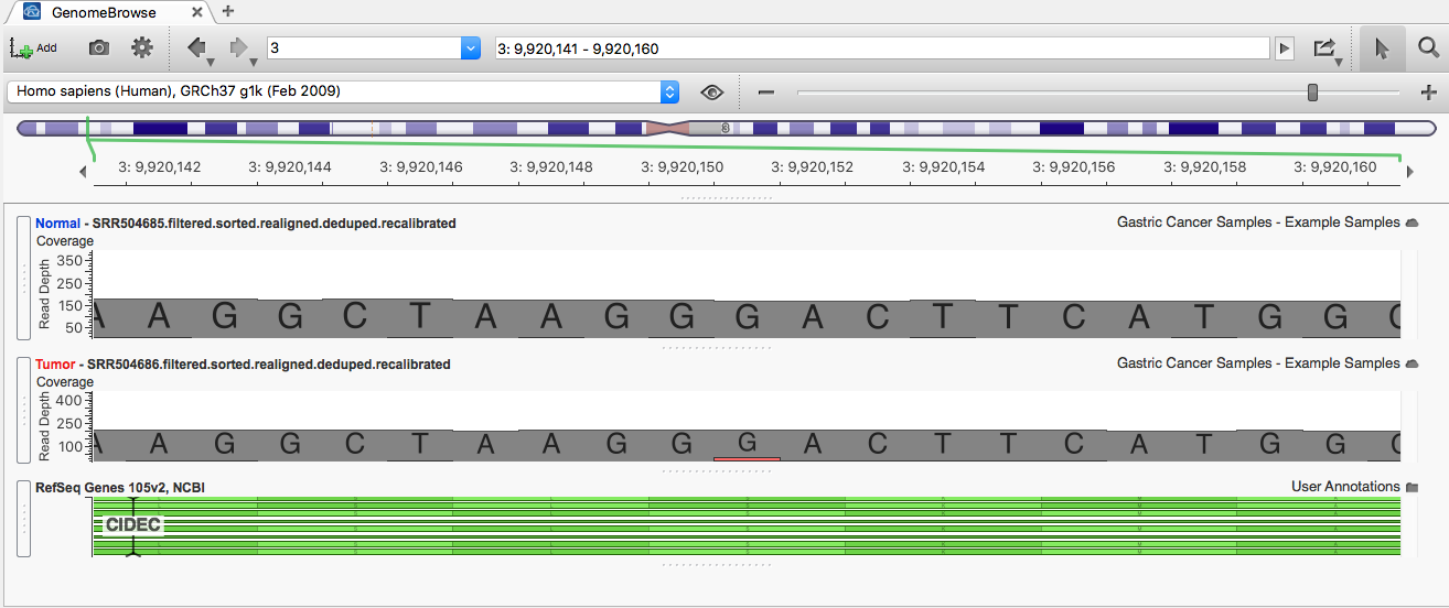 GenomeBrowse view of confirmed somatic variant 3:9920151 G/A