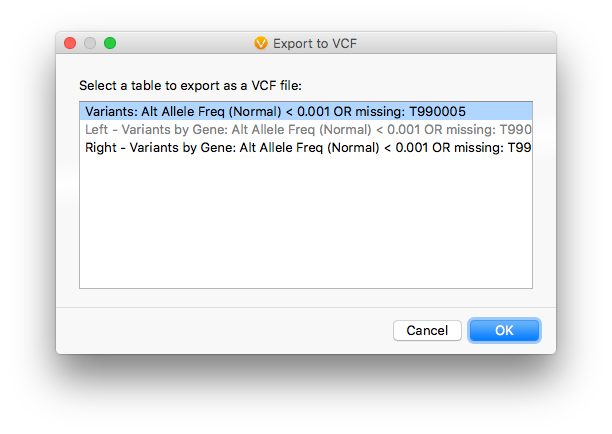 VCF export dialog with variant table selected